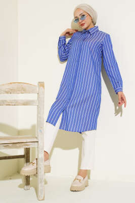 Çizgili Gizli Düğmeli Gömlek Lacivert - Thumbnail