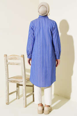 Çizgili Gizli Düğmeli Gömlek Lacivert - Thumbnail