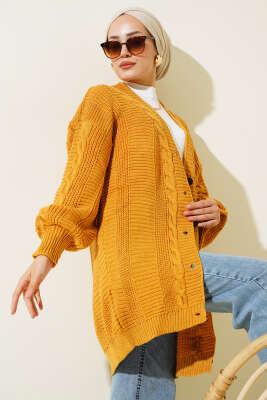 Önden Düğmeli Örgü Hırka Hardal - Thumbnail