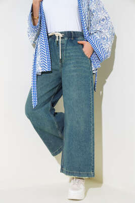 Lazer Geniş Paça Kot Pantolon Yeşil Tint - Thumbnail