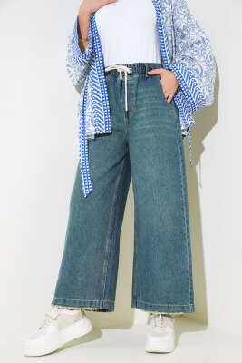 Lazer Geniş Paça Kot Pantolon Yeşil Tint - Thumbnail