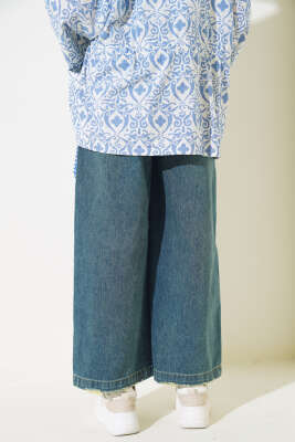 Lazer Geniş Paça Kot Pantolon Yeşil Tint - Thumbnail