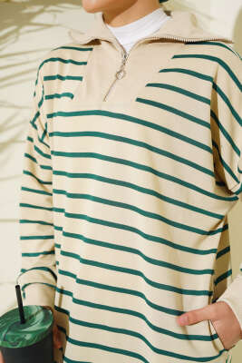 Yarım Fermuarlı Çizgili Salaş Elbise Zümrüt - Thumbnail