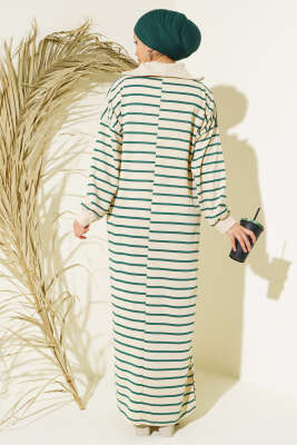 Yarım Fermuarlı Çizgili Salaş Elbise Zümrüt - Thumbnail