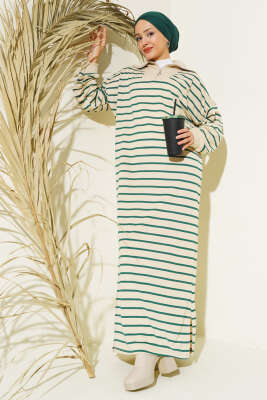 Yarım Fermuarlı Çizgili Salaş Elbise Zümrüt - Thumbnail