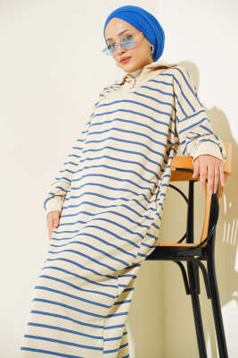 Yarım Fermuarlı Çizgili Salaş Elbise İndigo - Thumbnail