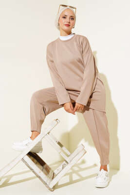 Pazarium - Pantolonu Çımalı Salaş İkili Takım Latte