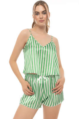 Pazarium - Çizgili Askılı Saten Pijama Takımı Yeşil