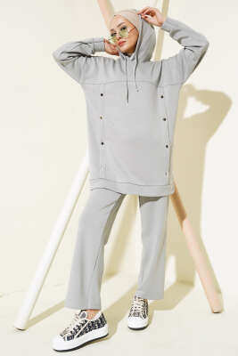 Pazarium - Loyşa Çıtçıt Süslemeli Kapüşonlu İkili Takım Gri