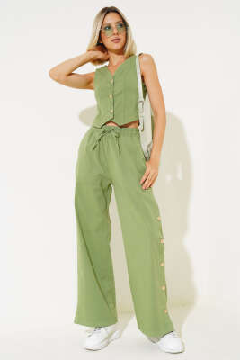 Pazarium - Tahta Düğmeli Yelekli İkili Takım Yeşil