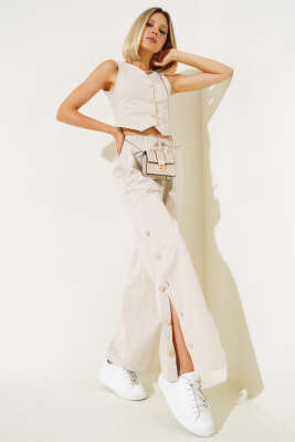 Pazarium - Tahta Düğmeli Yelekli İkili Takım Taş