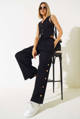 Pazarium - Tahta Düğmeli Yelekli İkili Takım Siyah