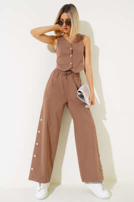 Pazarium - Tahta Düğmeli Yelekli İkili Takım Kahve