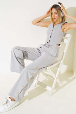 Pazarium - Tahta Düğmeli Yelekli İkili Takım Gri