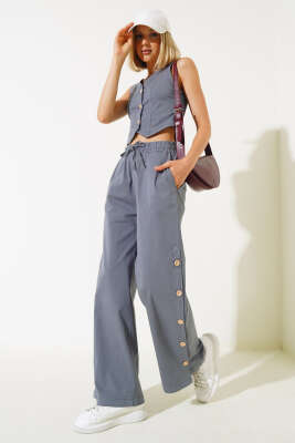 Pazarium - Tahta Düğmeli Yelekli İkili Takım Füme