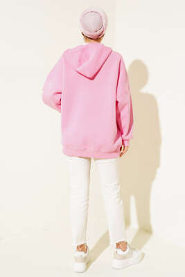 Cepli Kapüşonlu Üç İplik Hırka Pembe - Thumbnail