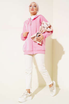 Cepli Kapüşonlu Üç İplik Hırka Pembe - Thumbnail