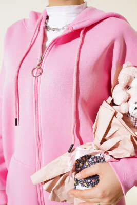 Cepli Kapüşonlu Üç İplik Hırka Pembe - Thumbnail