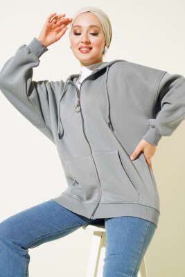 Cepli Kapüşonlu Üç İplik Hırka Kayrak Grisi - Thumbnail