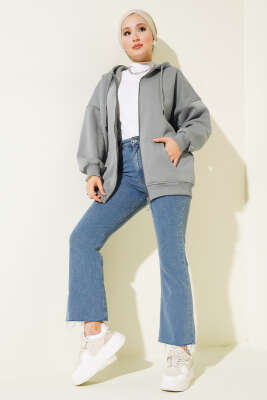 Cepli Kapüşonlu Üç İplik Hırka Kayrak Grisi - Thumbnail