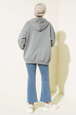 Cepli Kapüşonlu Üç İplik Hırka Kayrak Grisi - Thumbnail