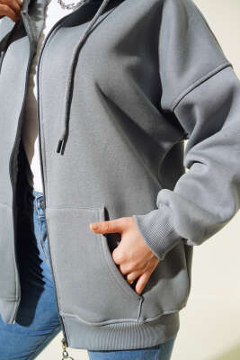 Cepli Kapüşonlu Üç İplik Hırka Kayrak Grisi - Thumbnail