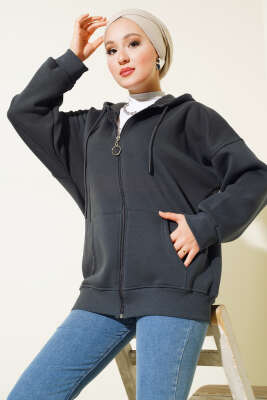 Cepli Kapüşonlu Üç İplik Hırka Antrasit - Thumbnail