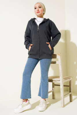 Cepli Kapüşonlu Üç İplik Hırka Antrasit - Thumbnail