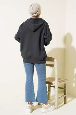 Cepli Kapüşonlu Üç İplik Hırka Antrasit - Thumbnail