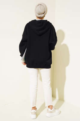 Cepli Kapüşonlu Üç İplik Hırka Siyah - Thumbnail