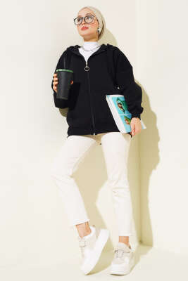 Cepli Kapüşonlu Üç İplik Hırka Siyah - Thumbnail