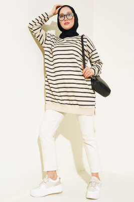 Çizgili Salaş Tunik Siyah - Thumbnail