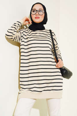 Çizgili Salaş Tunik Siyah - Thumbnail