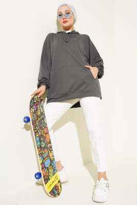 Kapüşonlu Oversize Sweat Füme - Thumbnail
