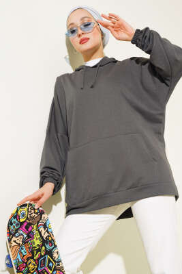 Pazarium - Kapüşonlu Oversize Sweat Füme