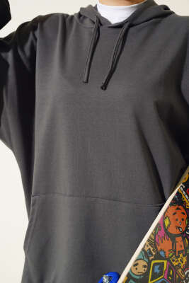 Kapüşonlu Oversize Sweat Füme - Thumbnail