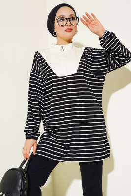 Yarım Fermuarlı Çizgili Tunik Siyah - Thumbnail
