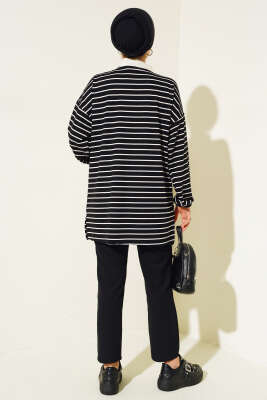 Yarım Fermuarlı Çizgili Tunik Siyah - Thumbnail