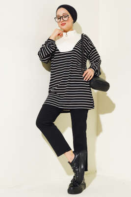 Yarım Fermuarlı Çizgili Tunik Siyah - Thumbnail