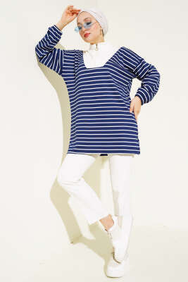 Yarım Fermuarlı Çizgili Tunik Lacivert - Thumbnail