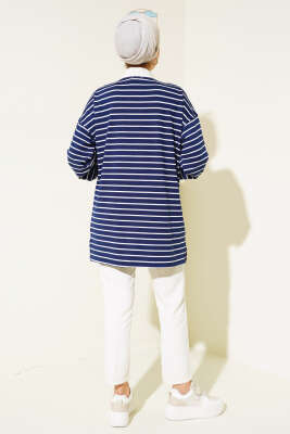 Yarım Fermuarlı Çizgili Tunik Lacivert - Thumbnail