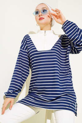 Yarım Fermuarlı Çizgili Tunik Lacivert - Thumbnail