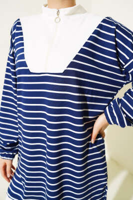 Yarım Fermuarlı Çizgili Tunik Lacivert - Thumbnail