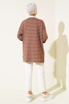 Yarım Fermuarlı Çizgili Tunik Kahve - Thumbnail