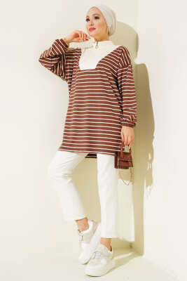 Yarım Fermuarlı Çizgili Tunik Kahve - Thumbnail
