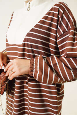 Yarım Fermuarlı Çizgili Tunik Kahve - Thumbnail
