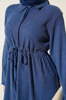 Bel Tünelli Bürümcük Elbise İndigo - Thumbnail