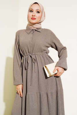 Bel Tünelli Bürümcük Elbise Vizon - Thumbnail