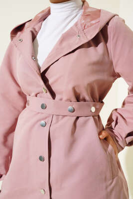 Kapşonlu Çıt Çıt Kısa Trenç Pudra - Thumbnail