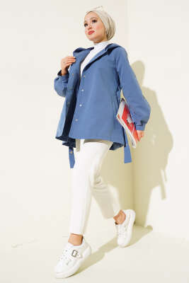 Kapşonlu Çıt Çıt Kısa Trenç İndigo - Thumbnail